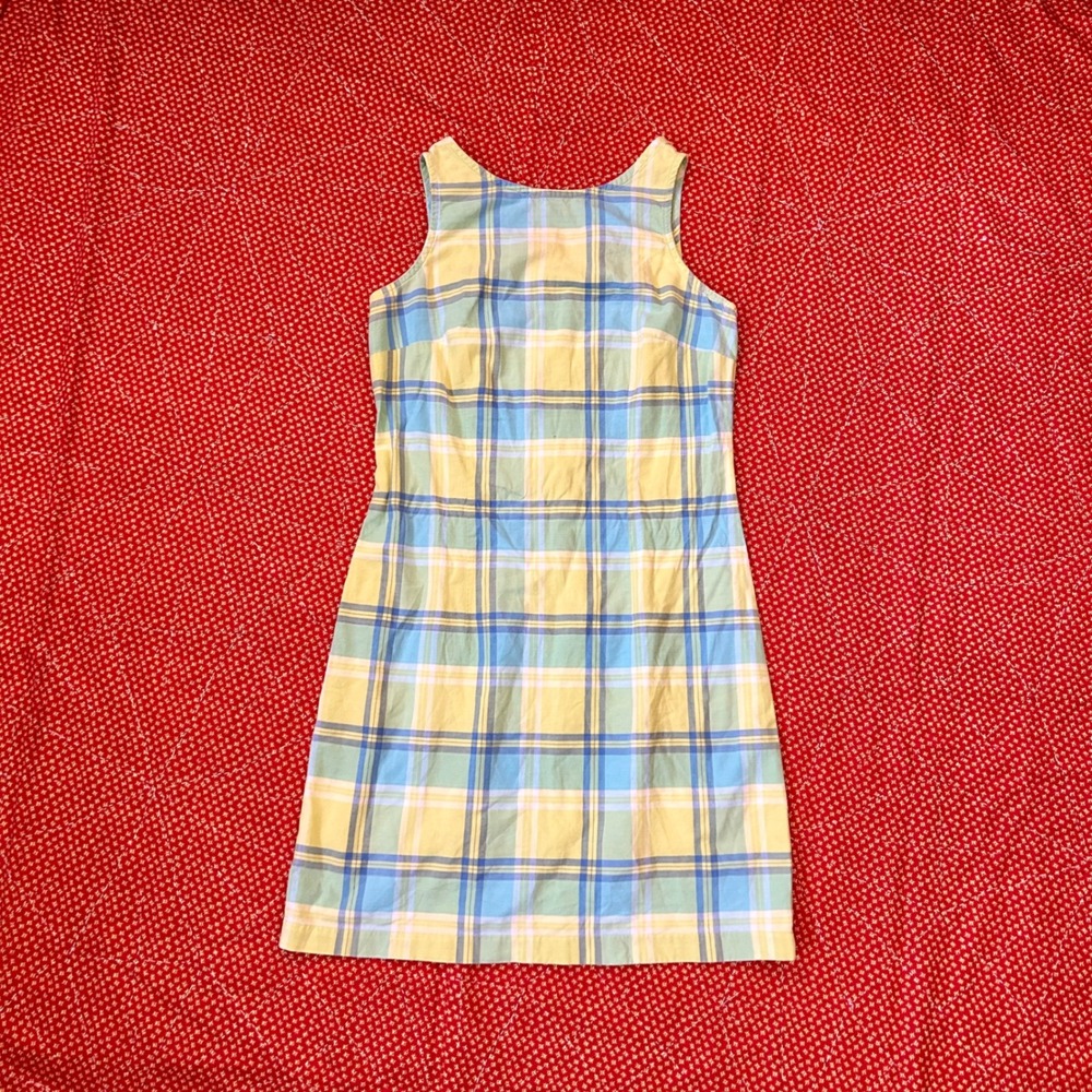 Vintage 90s Expressions Small Blue Yellow Plaid Sleeveless Mini Dress Cotton